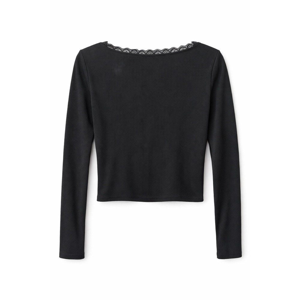 Black Goth Witchy Lace Trim Ribbed Crop Top Long Sleeve Coquette Dark‎ Academia - Picture 3 of 5